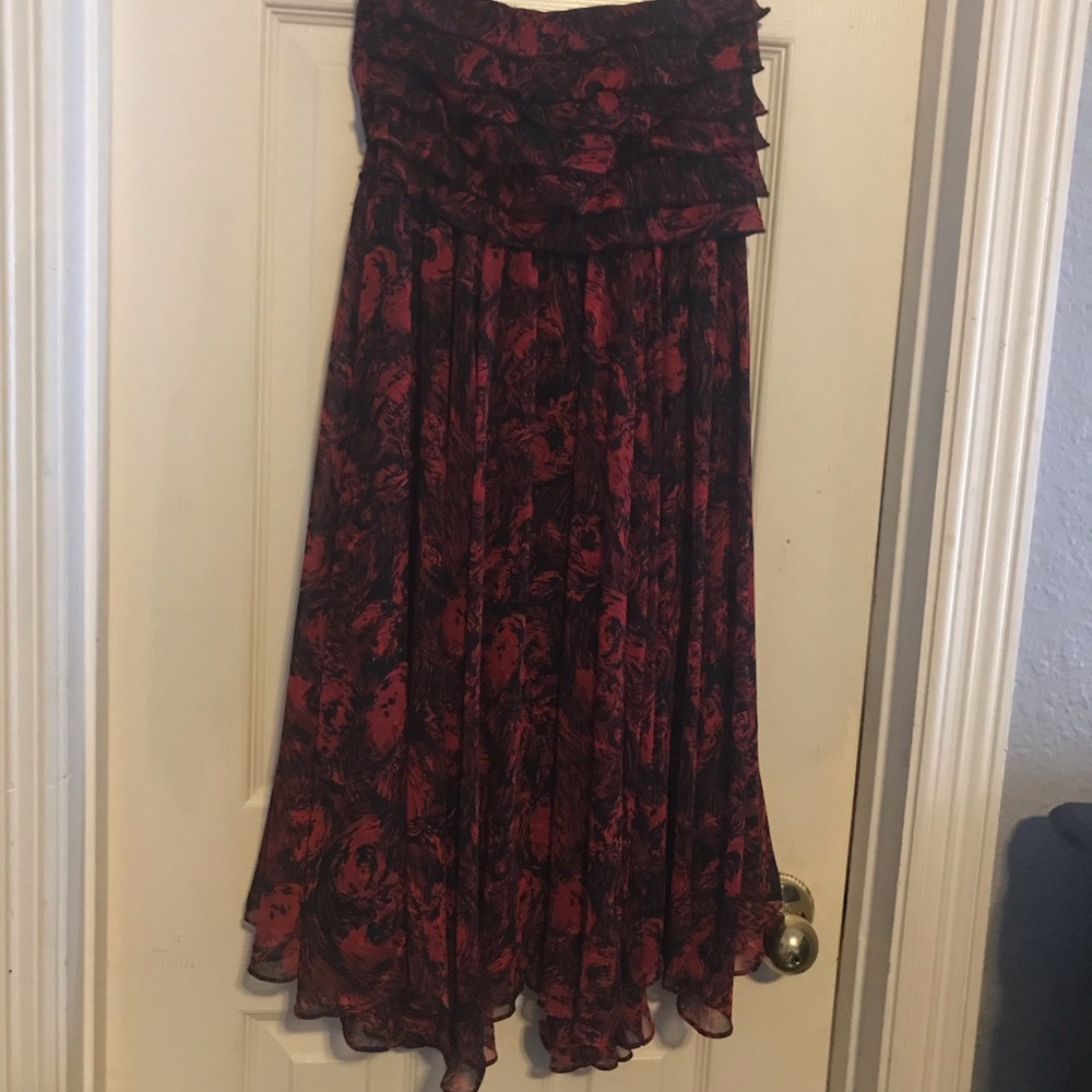Strapless red and black floral dress